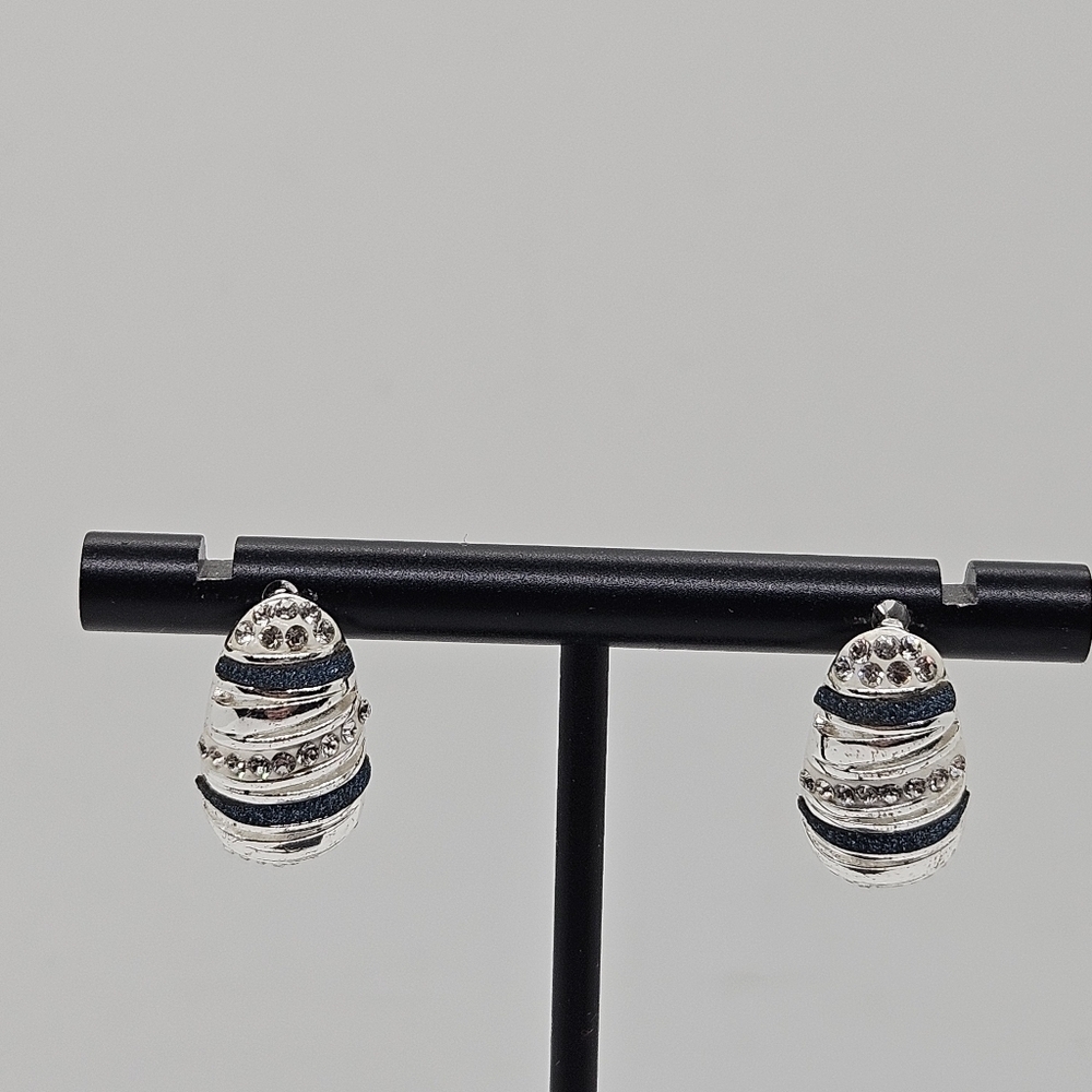 silver tone and blue glitter striped leverback earrings signed LA